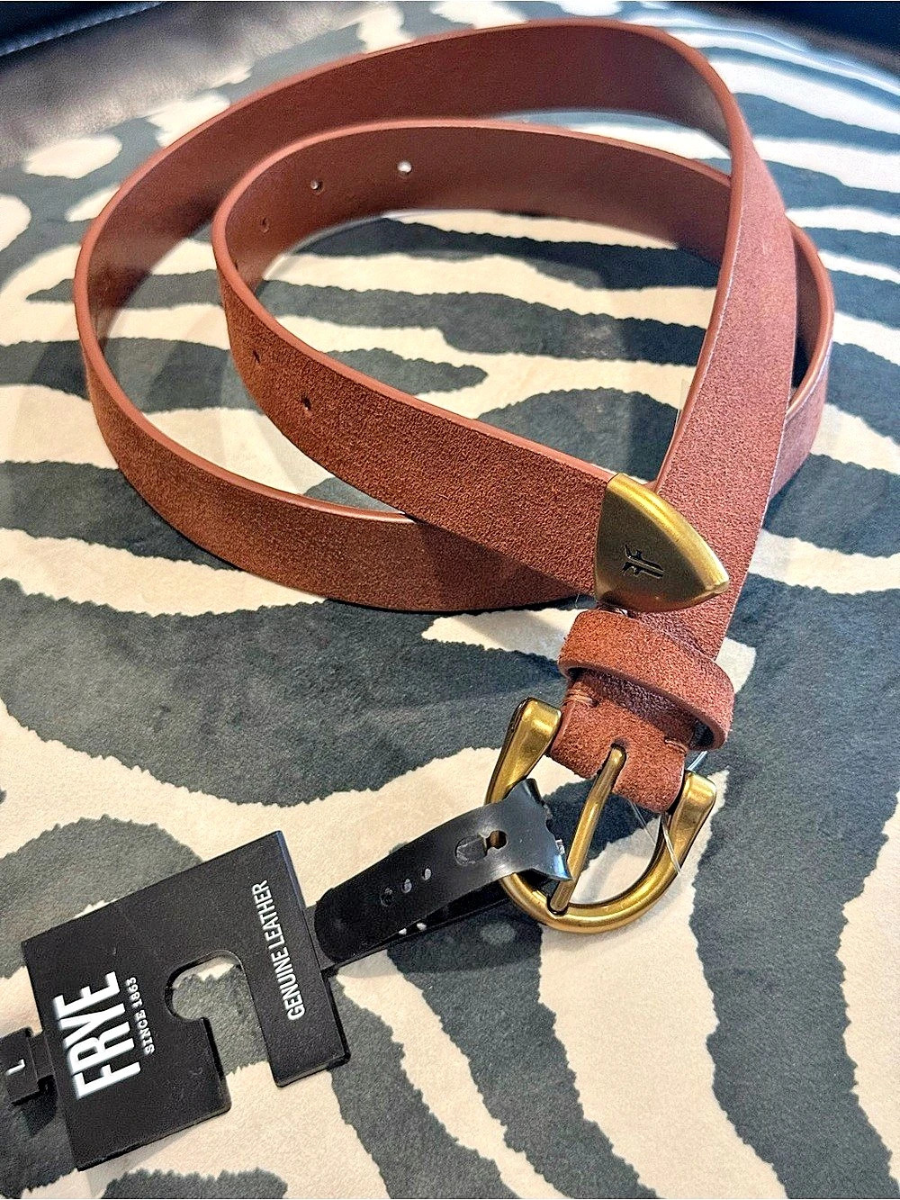 Frye 25MM Horseshoe Buckle COGNAC SUEDE Belt Leather Belt in Brown Large NWT